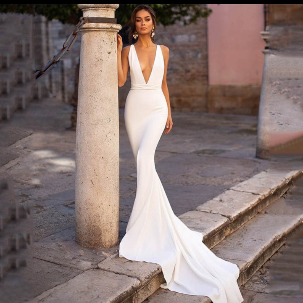 White Deep V Wedding or Evening Gown With Slit